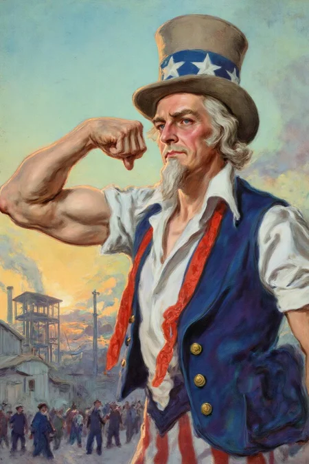 jamesmontgomeryflagg1 illustration.
Uncle Sam flexes his bicep, wearing a blue vest over a white shirt, with a red sash and a tall hat with stars. Behind him, a factory scene where people, buildings, and a structure are visible. The sky shows sunrise. <lora:jamesmontgomeryflagg1_cap_d8a4e12:1.0><lora:859136721323877747:0>