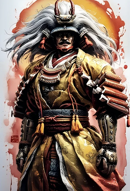 score_9,score_8_up,score_7_up,
Male illustration,50 years old,mature man,ambitious,beast-like sharp gaze,chubby but muscular,Japanese samurai,16th century,dramatic lighting,high contrast,decorative,atmospheric,haunting beauty,texture,(dynamic angle),round face,black,gray,red,yellow,
Front view,splash art,highly detailed illustration,trending on Artstation,paint splashes,perfect composition,watercolor,sharp focus,intricate details,highly detailed,
White background,mustache(1.3),windy,dynamic pose,dynamic angle,
Watercolor,<lora:BDpony_TakedaShingen_V1:0.9>,Takeda Shingen,
<lora:Midjourney_5:0.6>,<lora:WaterColorV3:0.8>,