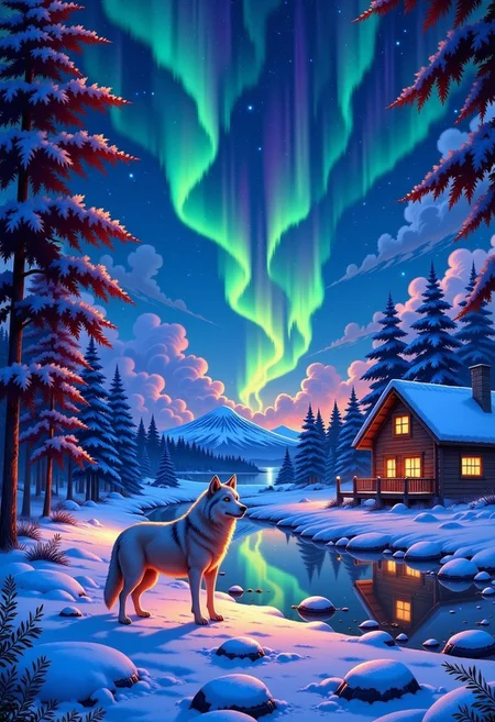 high quality, high definition, high resolution, 4k, shaders, better lighting, better quality, GHIBSKY style, GHIBSKY style painting, the central focus would be a giant white wolf with fluorescent blue eyes looking towards the horizon, in a snow-covered field with a large lake behind it, the sky would have a large aurora borealis that would be reflected in the lake, at the edge of the lake there would be a wooden cabin with warm lighting and a chimney from which smoke comes out, in the lake there would be a small fishing pier, in the background there would be a large volcano that would emit orange light from its crater, the sky would be dark