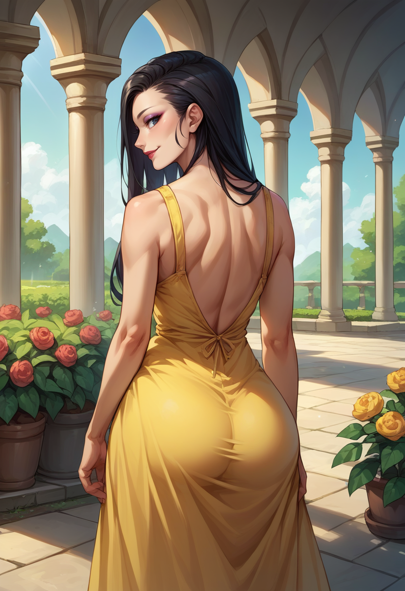 score_9, score_8_up, score_7_up, source_anime, 1girl, solo, kagasmtiv, long hair, black hair, asymmetrical hair, makeup, lipstick, from behind, yellow sundress, garden, day, sunshine, smile, looking back, <lora:zs_KagaXL:1>