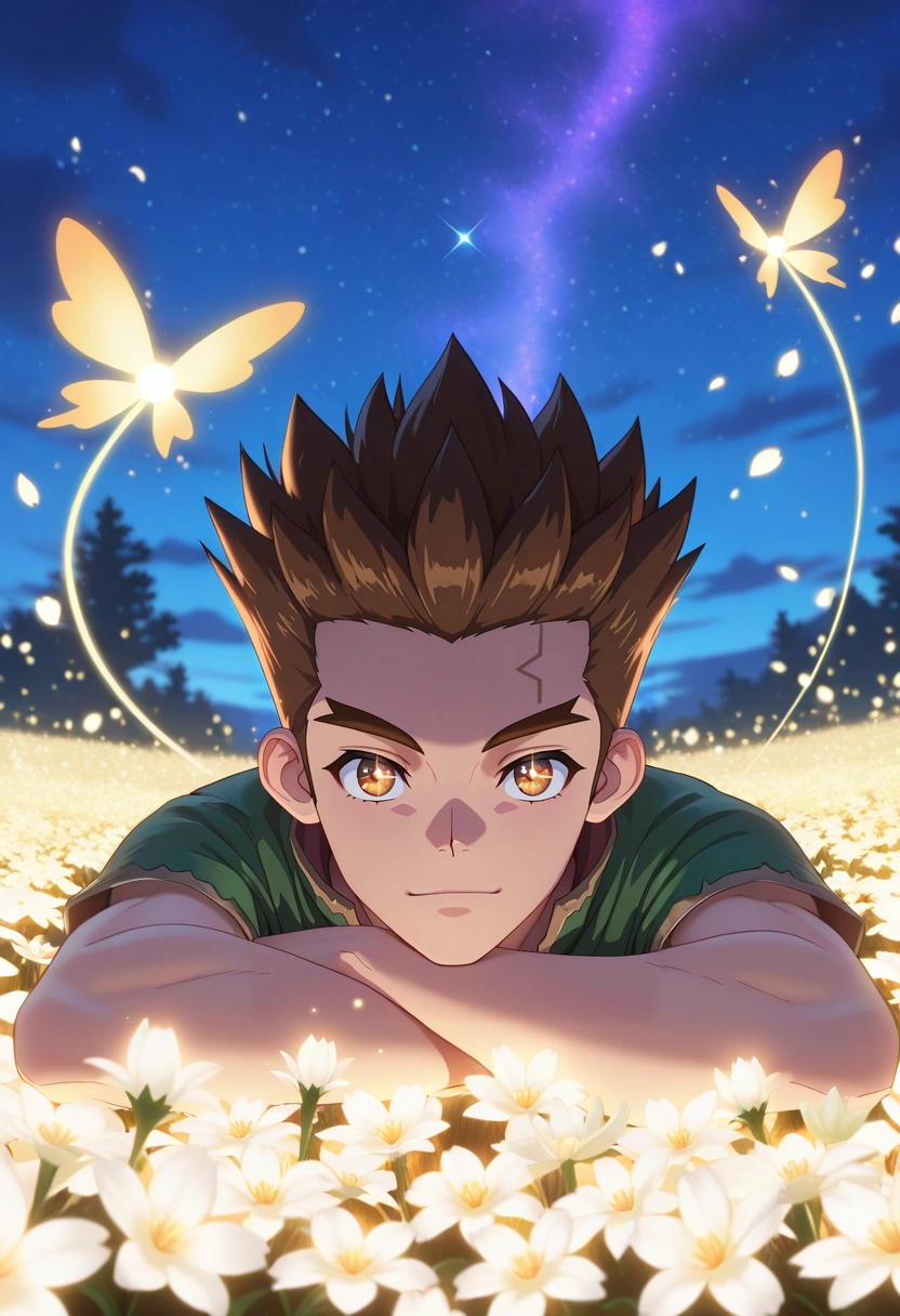 masterpiece, best quality, , (3d:0.4), looking at viewer, 1boy, solo, male focus, <lora:taiju_ooki_ilxl:0.96>, taiju_ooki, brown hair, brown eyes, short hair, spiked hair, enchanted meadow, glowing blossoms, fluttering fairies, sparkling streams, resting pose, dreamy expression, magical twilight,