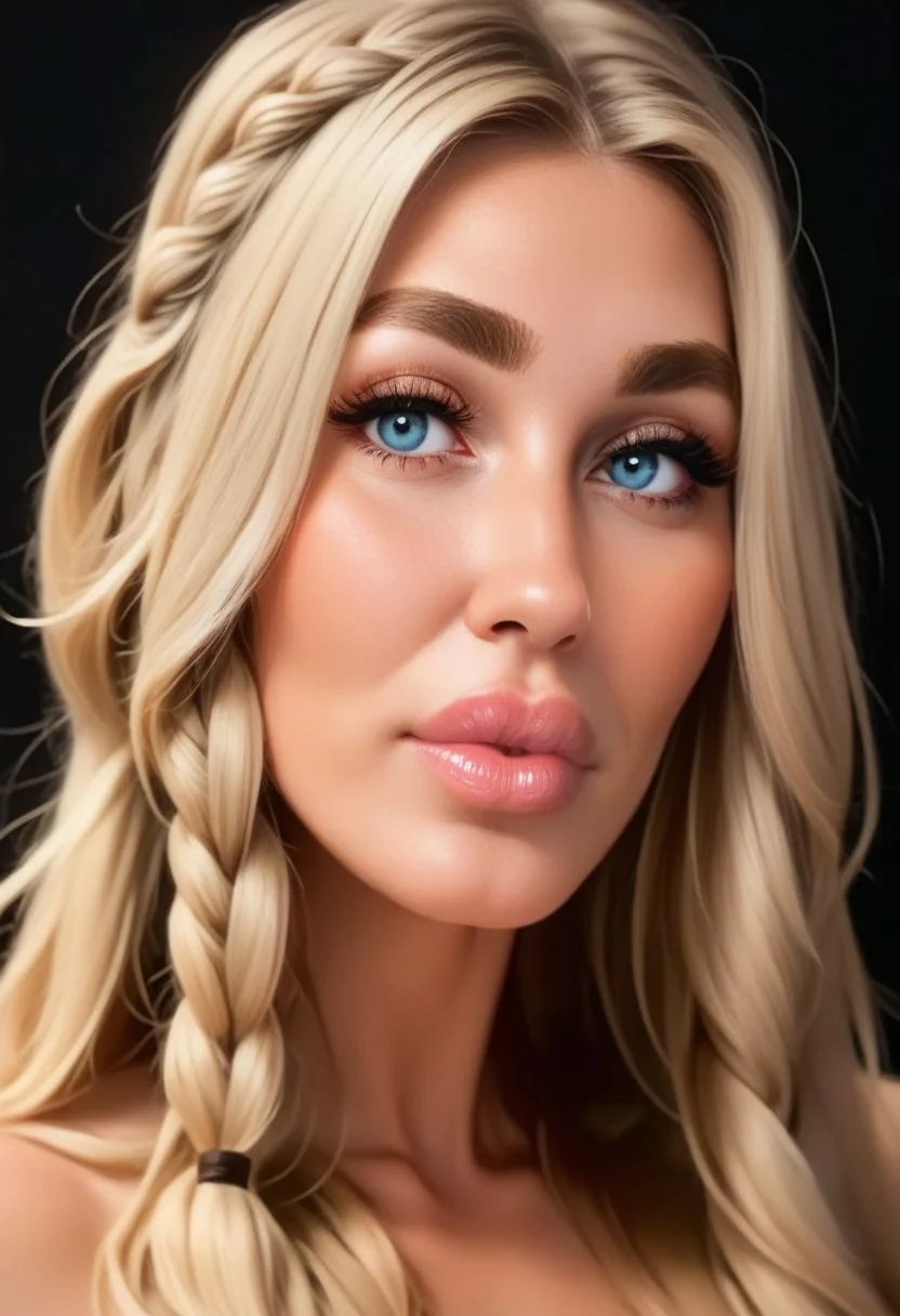 score_9, score_8_up, score_7_up, rating_explicit, crisp image, clear image, realistic, highly detailed, portrait, black background,
woman, middle-aged woman, mature beautiful face, blonde hair, long hair, bangs, braid, thick eyebrows, light blue eyes, (huge lips, thick lips, puffy lips), (round jawline), hair behind ears, feminine, slim, fit, athletic body,