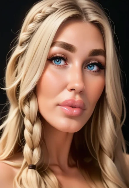 score_9, score_8_up, score_7_up, rating_explicit, crisp image, clear image, realistic, highly detailed, portrait, black background,
woman, middle-aged woman, mature beautiful face, blonde hair, long hair, bangs, braid, thick eyebrows, light blue eyes, (huge lips, thick lips, puffy lips), (round jawline), hair behind ears, feminine, slim, fit, athletic body,
