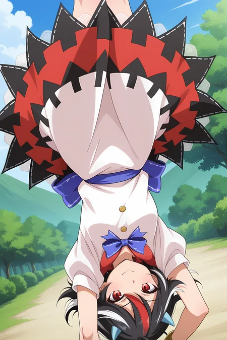 absurdres, highres, masterpiece, best quality, amazing quality, official anime artwork, screencap, anime screencap, outdoors, light smile, looking at viewer, dynamic pose, upside down, upside down world, 
 <lora:Seija-Kijin_Illustrious:1> kijin seija, 1girl, solo, red eyes, black hair, multicolored hair, streaked hair, horns,, white dress, short sleeves, blue bow, bracelet, arrow print,