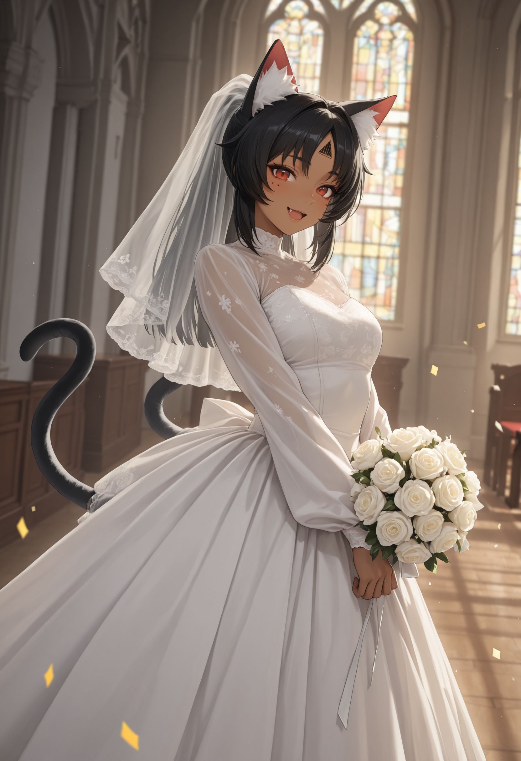 masterpiece, best quality, newest, (realistic:0.5), solo, looking at viewer,
<lora:Nekomiya v2 illu:1> 1girl, dark-skinned female, long hair, black hair, red eyes, facial mark, animal ears, animal ear fluff, cat girl, multiple cat tail, double cat tail, ponytail, long sleeves,wedding dress, veil, church, (confetti:1.1), smile, open mouth, white dress, wedding dress), indoors