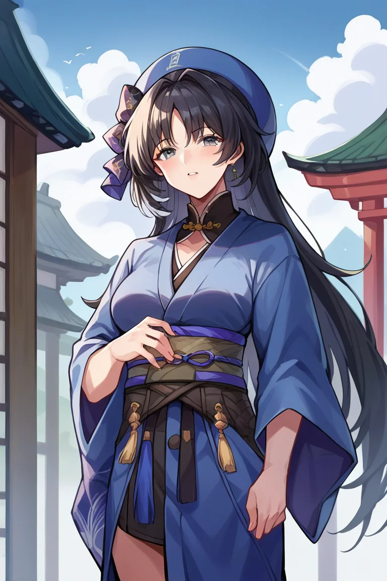 score_9, score_8_up, score_7_up, score_6_up, score_5_up, score_4_up, rating_questionable, , source_anime, digital illustration, pixiv, fanbox, uncensored, , BREAK, official art,
1girl, solo, mature female, yangyang, long hair, grey eyes, black hair, hat, blue headwear, hair intakes,
japanese clothes, japanese background,, outdoors , cowboy shot, looking at viewer, colorful, vivid,, <lora:YangYang_Pony-10:0.8>