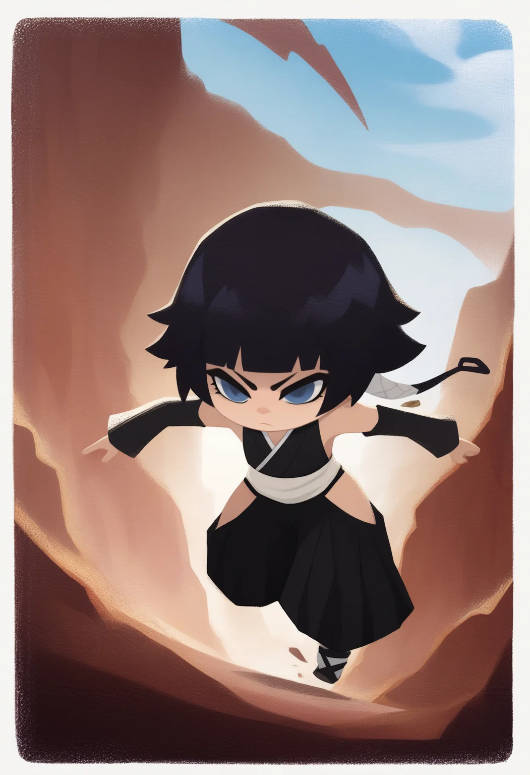 onmyojistyle, chibi, masterpiece, best quality, <break> white border, solo, 1girl, sui-feng, bleach, serious, running, black hair, blue eyes, japanese clothes, detached sleeves, hip vent, bare shoulders, outdoors, blue sky, cloud, canyon, tumbleweed
<segment:yolo-Anzhc Face seg 640 v2 y8n.pt,0.4,0.5//cid=1>