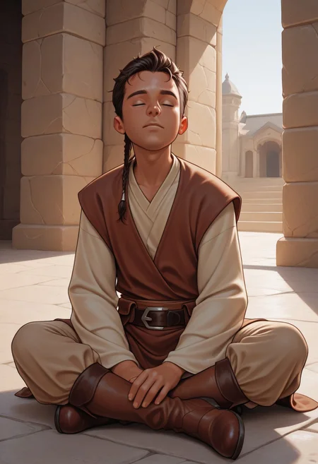 masterpiece, absurdres, high quality, perfect anatomy, 1boy, solo, cute boy, male focus, Caleb Dume, Brown Hair, Padawan Braid, Brown Tunic, Tan Shirt, Belt, Tan Pants, Brown boots, portrait, cinematic, intricately detailed illustration, depth of field, masterpiece, best quality, amazing quality, very aesthetic, absurdres, newest, very awa,  shadow, dynamic angle, casual cosplay, dynamic pose, in temple, meditating, serene, peaceful, relaxed, sitting, indian style,