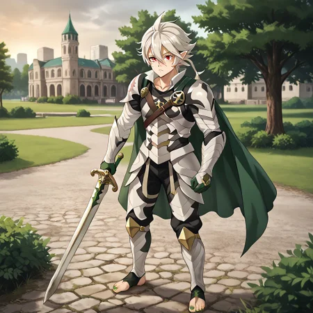 masterpiece, best quality, sharp aliasing, highly detailed, 1male, male body, male,EPfeCorrin, dark green cape, armour, dark green gloves, black pants, wearing pants, outdoors, evening, stone ground, tree, bush, buildings, windy, barefoot, toeless legwear, armoured legwear, shin armour, leg armour, stirrup legwear, dark green stirrups, 5 toes, Quality, High Definition, Full body view, solo, slimes_sanemi, scar, scars, scar on face, scar on chest, scar on forehead, white hair, muscular, red eyes, slit eyes, pointy ears, standing, green sword, sword stance, green toenails, dirty feet
