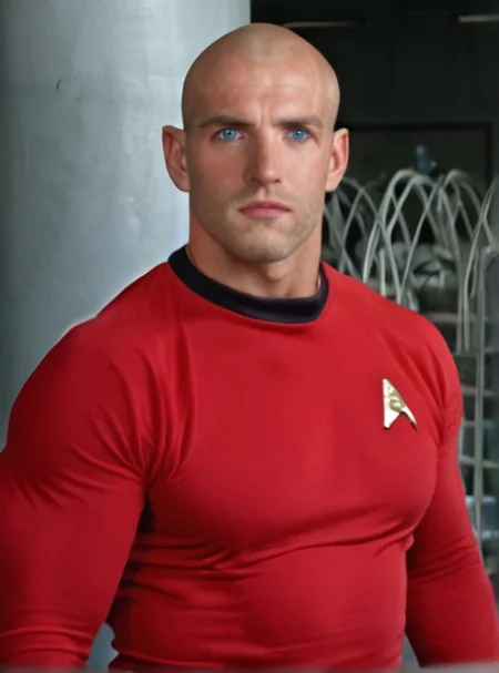 1boy, 20 year old male, Handsome, masculine, blonde, star trek, red shirt, muscle, tall, tight shirt, wide pectorals, big shoulders, wide shoulders, muscular neck, German, bald, big pale blue eyes,
stunf, star trek uniform,