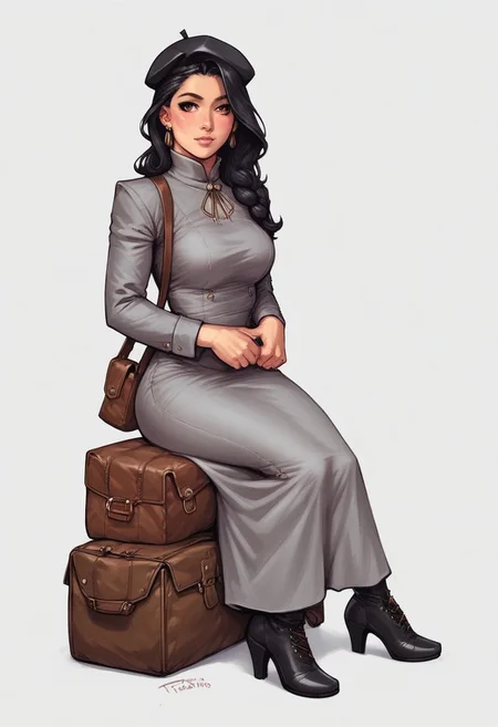 <lora:f4nto_v2:50>, f4nt,
retro artstyle,1980s \(style\), science fiction, realistic, solo focus,
<lora:retro-comic-80:1>,
1girl, solo, black hair, hat, long hair, grey dress, dress, black headwear, white background, sitting, leaning to the side, long sleeves, beret, arm support, looking to the side, simple background, realistic, jewelry, yokozuwari, brown eyes, earrings, blush, bag, (((full clothed))),
BREAK
strange world background score_9, score_8_up, score_7_up, score_6_up, source_cartoon, rating_explicit, Expressiveh, (((((full body))))), dynamic pose