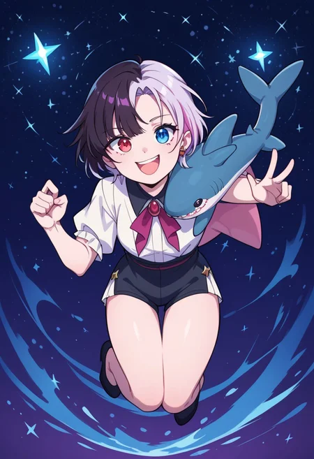 score_9, score_8_up, score_7_up,
masterpiece, best quality, detailed, amazing quality,
detailed background, stars,
detailed eyes, clean eyes,
solo, 1woman,
dynamic pose, jumping, happy, from above,
easynegative,
r1np3nr0s3, two-toned hair, heterochromia, red right eye, blue left eye,
blahaj, shark, plush toy, plush animal,
holding blahaj
