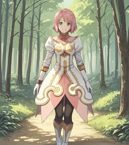 score_9, score_8_up, score_7_up, score_6_up, score_5_up, score_4_up, BREAK source_anime,
1girl, solo, <lora:EstelliseSidosHeurassein:1> , Estellise Sidos Heurassein, pink hair, short hair, green eyes, medium breasts,
ornate dress, high collar, white gloves, long pink skirt, black pantyhose, white boots,
outdoors, forest, trees, leaves,
looking at viewer, happy, standing,
<lora:kireinamo_sdxl_v1:1>,