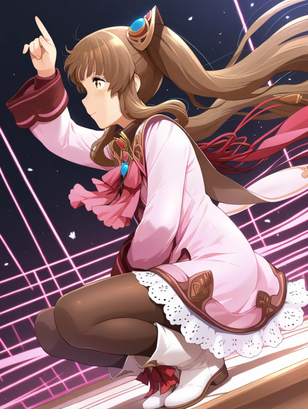 perfect quality,best quality,absolutely eye-catching,ambient occlusion,raytracing BREAK
1girl,<lora:rimuru rinnka IL v1.1:1>,rinnka,brown hair,twintails,hair ornament,pink dress,long sleeves,ribbon,lace trim,pantyhose,boots,front view,, dynamic_angle,profile,reclining,raytracing,arm_up,squatting,_open_legs,