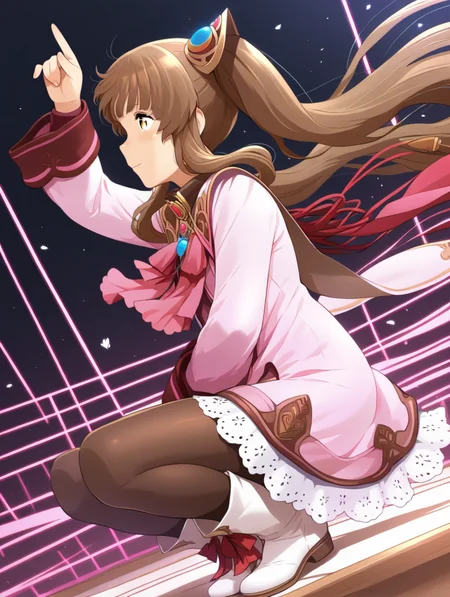perfect quality,best quality,absolutely eye-catching,ambient occlusion,raytracing BREAK
1girl,<lora:rimuru rinnka IL v1.1:1>,rinnka,brown hair,twintails,hair ornament,pink dress,long sleeves,ribbon,lace trim,pantyhose,boots,front view,, dynamic_angle,profile,reclining,raytracing,arm_up,squatting,_open_legs,
