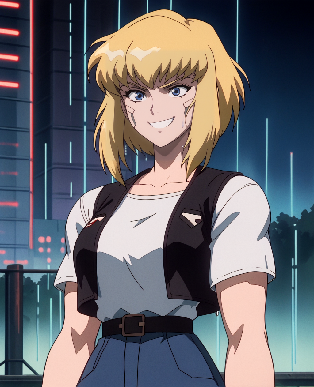 anime screencap, 1girl, woman, female focus, blonde hair, solo, pants, vest, shirt, (karacivil), short hair, sidelocks, blue eyes, wide hips, breasts, medium breasts, (huge breasts large breasts), narrow waist, narrow shoulders, soft expression, smile,
wide shot, dark theme, glow, neon, neon city background, rain, wet, night sky, cyberpunk art, neogeo, saturated, high contrast, halftone, sharp edges, sharp outlines, cel shading, source_anime,
<lora:RetroAnimeRedux_epoch_10:.9> <lora:KaraSuper:.9> <lora:OldAnimeStyle_XL_v3:.5> Vintage, 1990s \(style\)