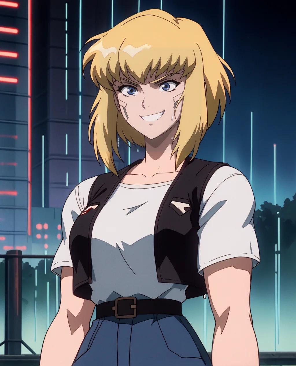 anime screencap, 1girl, woman, female focus, blonde hair, solo, pants, vest, shirt, (karacivil), short hair, sidelocks, blue eyes, wide hips, breasts, medium breasts, (huge breasts large breasts), narrow waist, narrow shoulders, soft expression, smile,
wide shot, dark theme, glow, neon, neon city background, rain, wet, night sky, cyberpunk art, neogeo, saturated, high contrast, halftone, sharp edges, sharp outlines, cel shading, source_anime,
<lora:RetroAnimeRedux_epoch_10:.9> <lora:KaraSuper:.9> <lora:OldAnimeStyle_XL_v3:.5> Vintage, 1990s \(style\)