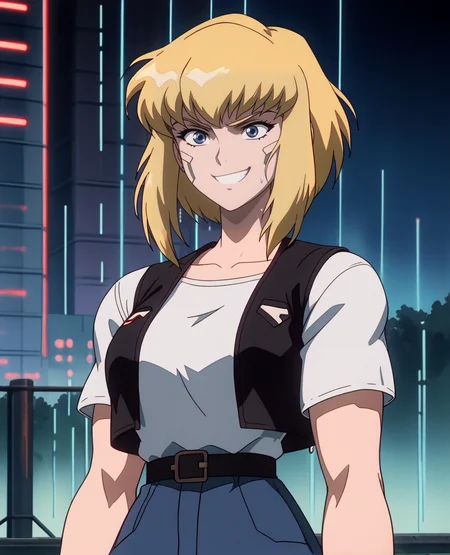 anime screencap, 1girl, woman, female focus, blonde hair, solo, pants, vest, shirt, (karacivil), short hair, sidelocks, blue eyes, wide hips, breasts, medium breasts, (huge breasts large breasts), narrow waist, narrow shoulders, soft expression, smile,
wide shot, dark theme, glow, neon, neon city background, rain, wet, night sky, cyberpunk art, neogeo, saturated, high contrast, halftone, sharp edges, sharp outlines, cel shading, source_anime,
<lora:RetroAnimeRedux_epoch_10:.9> <lora:KaraSuper:.9> <lora:OldAnimeStyle_XL_v3:.5> Vintage, 1990s \(style\)