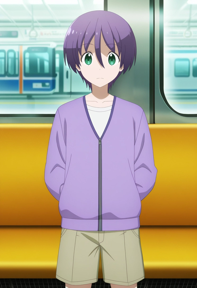 masterpiece, best quality, anime screencap, official style, anime coloring, cowboy shot, 1boy, solo, male focus, <lora:nasa_yuzaki_ilxl:1>, nasa_yuzaki, purple hair, green eyes, short hair, hair between eyes, , subway car, dim lights, rushing tunnels, crowded seats, standing pose, patient expression, urban buzz, Emerald Batik Pleated khaki shorts, Zip-up cardigan, Brogues, ,