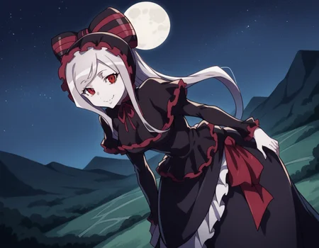 score_9, score_8_up, score_7_up, source_anime,
shalltear, <lora:shalltear-bloodfallen-s1s2-ponyxl-lora-nochekaiser:1>,
shalltear, grey hair, long hair, red eyes, silver hair,
black dress, bonnet, bow, dress, frilled dress, frills, large bow, long sleeves, vampire,
outdoors, landscape, night, moon, starry sky, smile, bent over,
looking at viewer, cowboy shot, solo, dutch angle,