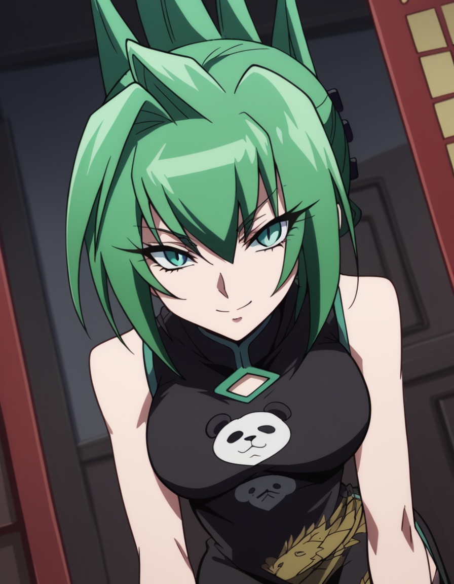 score_9, score_8_up, score_7_up, source_anime,
juntao, <lora:jun-tao-2021-s1-ponyxl-lora-nochekaiser:1>,
jun tao, green eyes, green hair, hair between eyes,
animal print, bear print, black dress, china dress, chinese clothes, dress, air, hip vent, panda print, side slit, sleeveless, sleeveless dress, thigh strap,
indoors, bent over, smile,
looking at viewer, cowboy shot, solo, dutch angle