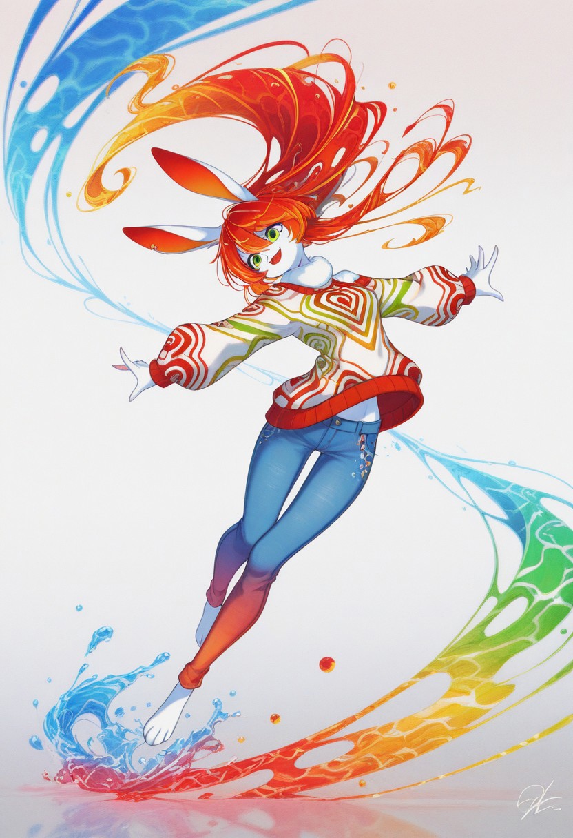 (masterpiece, gradient, recent, good_quality, high_quality, newest, very aesthetic, vibrant_background, abstract_background, colorful, surreal, anime_coloring:1, vectortrace:1, flat_colors:1,rabbit girl,furry,red hair,white rabbit ear,solo,add detailed eyes,green eyes,dressed,happy,long hair,roll-up sweater,jeans,BV-Illu,Dynamic pose, midnight blue gradient background, water,