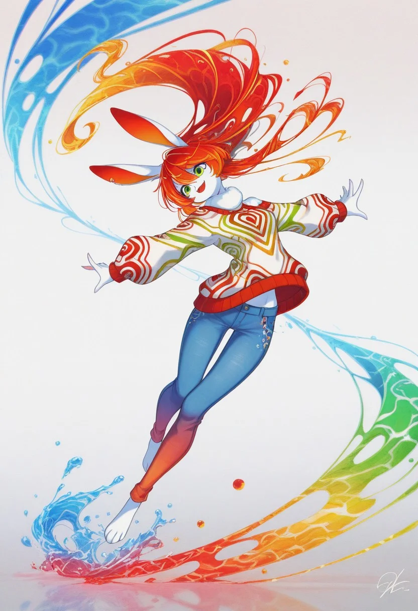 (masterpiece, gradient, recent, good_quality, high_quality, newest, very aesthetic, vibrant_background, abstract_background, colorful, surreal, anime_coloring:1, vectortrace:1, flat_colors:1,rabbit girl,furry,red hair,white rabbit ear,solo,add detailed eyes,green eyes,dressed,happy,long hair,roll-up sweater,jeans,BV-Illu,Dynamic pose, midnight blue gradient background, water,