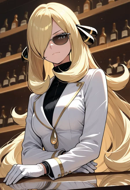 score_9, score_8_up, score_7_up, score_6_up, score_5_up, score_4_up, C007Citron, grey eyes, hair over one eye, blonde hair, hair ornament, long hair, long sleeves, white gloves, white jacket, white pants, alternate costume, shirt, sunglasses, shaded face, serious, bar (place), arms on table, arms crossed