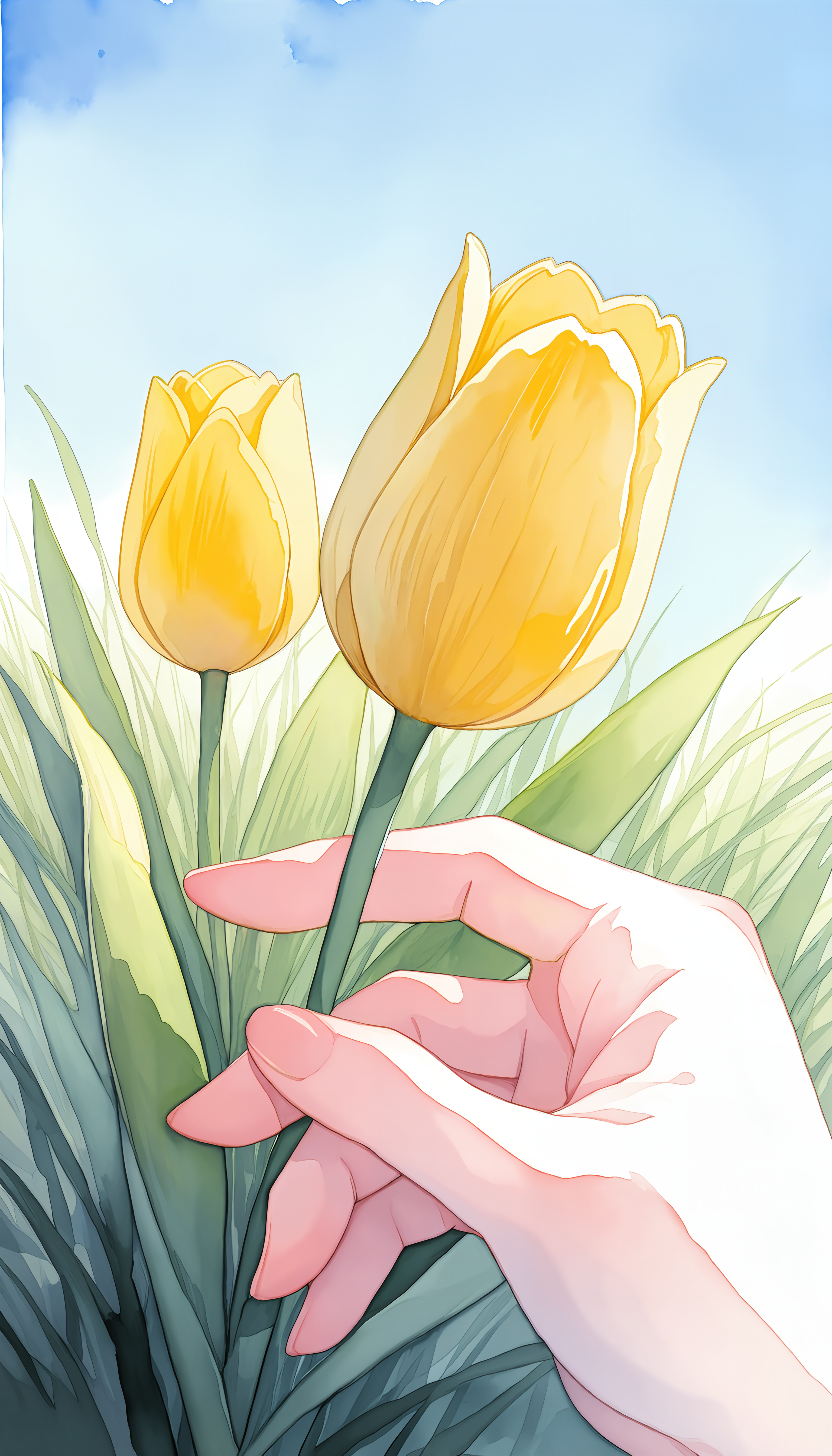 masterpiece, high quality, absurdres, best quality, newest, watercolor, painting, close up, yellow tulip, hand, grass