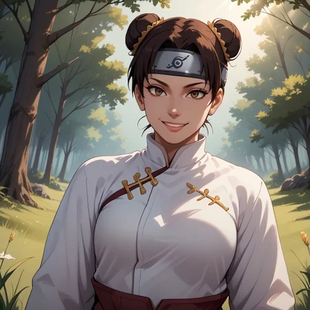 score_9, score_8, BREAK, dark brown hair, hair in twin buns, double buns, maroon loose high-waisted martial pants, curtain bangs, forehead protector, white shirt, black gloves, white chinese martial arts top, maroon sweatpants with side slits, brown eyes, sexy pose, self portrait, smile, outdoors, sunlight, shadows, evening lighting, natural lighting, forest, trees, grass, orange sky, sunset