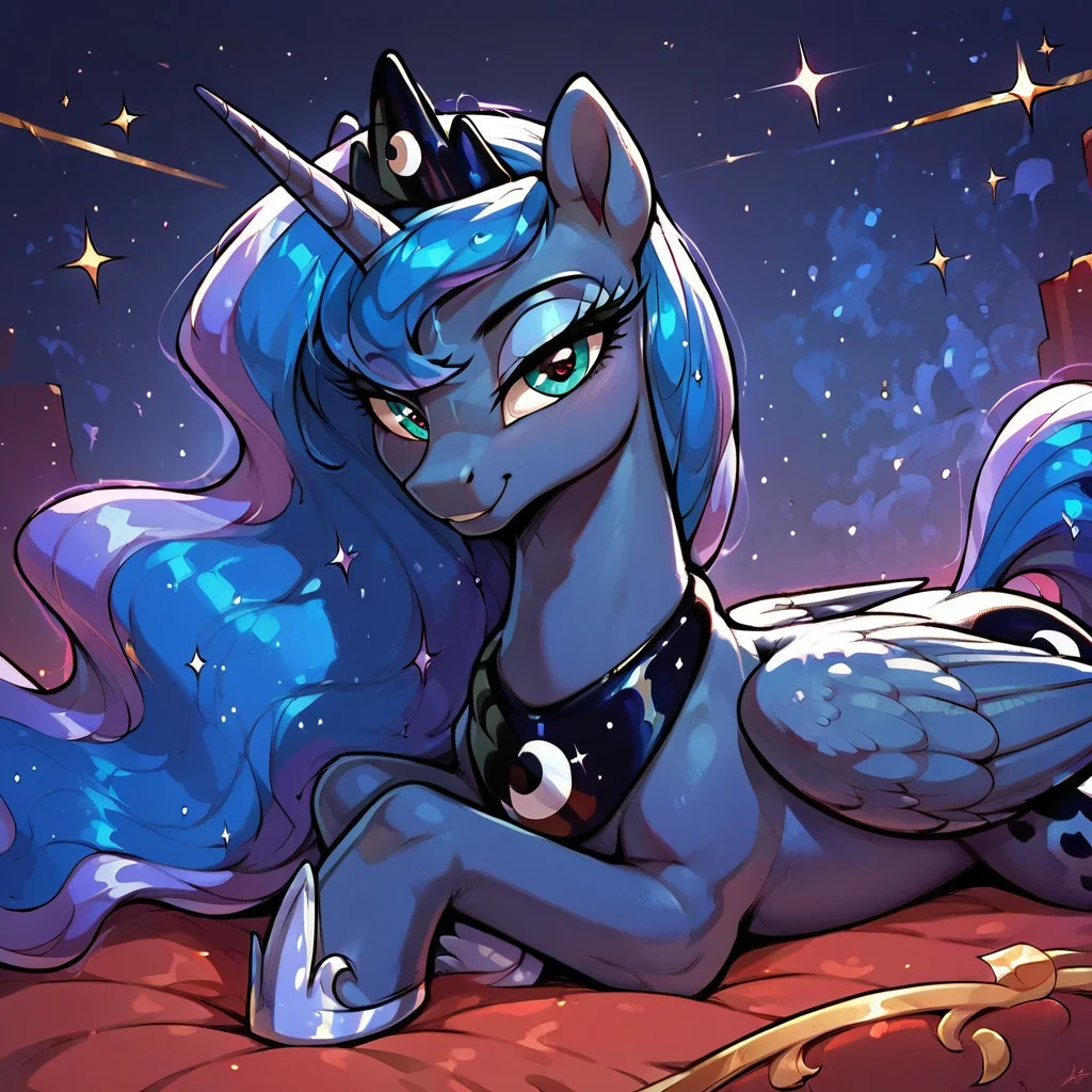 masterpiece, score_9, score_8_up, score_7_up, (best quality:1.1), ultra-detailed, high resolution, 1character, Princess Luna, (((beautiful detailed eyes))), Long eyelashes, Looking At Viewer, Highly Visible, (((8k))), Source_anime, feral, pony, alicorn, female, wings, royal, Lounging On Bed On Side, Looking At Viewer, Bedroom Eyes, Smirk, sharp focus, perfect lighting, beautiful eyes, long eyelashes, anatomically correct, extremely detailed, shine on body, high detail, cute face, Expressiveh, detailed background, OverallDetail, zPDXL2