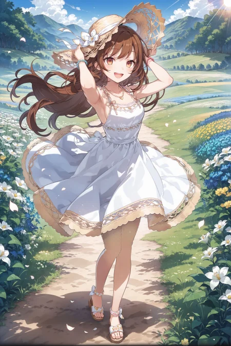 score_max, (score_9, score_8_up, score_7_up:1.2), score_6_up, official art,
masterpiece, absurdres, high detail, 8k,
flower field, white flower, wind, petals,
standing, arms up, holding headwear, smile, open mouth, :d, blush,
solo, ranan, brown hair, long hair, straw_hat, sun_hat, hat_bow, bead_necklace, heart_brooch, sundress, white_dress, strap, sleeveless, sideboob, bead_bracelet, white_bow, sandals
<lora:XL_Pony_gomaotsu-ranun-t1:1.1>