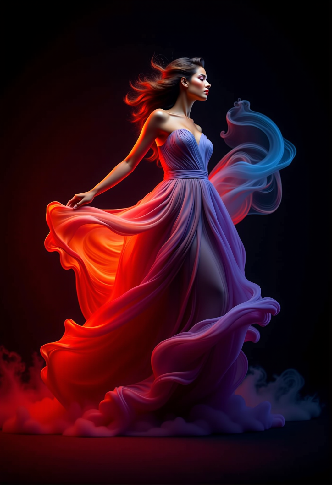 bv-smowormor. A human figure partially emerging from swirling smoke . Background is completely black . Clothing and body are partially dissolving into ethereal smoke. Facial expression is calm and serene, eyes softly closed . Hairstyle is wavy hair with smoky tips. Figure positioned in an abstract, undefined space with swirling smoke patterns . Pose is dynamic, mid-motion, leaping forward with colorful smoke trail. Clothing details are a gown made of smoke, shifting between crimson red . Scene elements include mist taking abstract shapes . Style is impressionistic, abstract smoke movements. Lighting is soft and diffused, with light filtering through smoke . Background gradient from bright red to orange . Smoke colors vibrant hues of red, purple, and blue . Additional details faint silhouettes barely visible through smoke . Words "Smoke World Morph" formed from smoke tendrils delicately drifting, appearing curling around figure like an inscription. , <lora:bv-smoke-world-morph-1-0.safetensors:1.0:1.0>