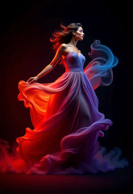 bv-smowormor. A human figure partially emerging from swirling smoke . Background is completely black . Clothing and body are partially dissolving into ethereal smoke. Facial expression is calm and serene, eyes softly closed . Hairstyle is wavy hair with smoky tips. Figure positioned in an abstract, undefined space with swirling smoke patterns . Pose is dynamic, mid-motion, leaping forward with colorful smoke trail. Clothing details are a gown made of smoke, shifting between crimson red . Scene elements include mist taking abstract shapes . Style is impressionistic, abstract smoke movements. Lighting is soft and diffused, with light filtering through smoke . Background gradient from bright red to orange . Smoke colors vibrant hues of red, purple, and blue . Additional details faint silhouettes barely visible through smoke . Words "Smoke World Morph" formed from smoke tendrils delicately drifting, appearing curling around figure like an inscription. , <lora:bv-smoke-world-morph-1-0.safetensors:1.0:1.0>
