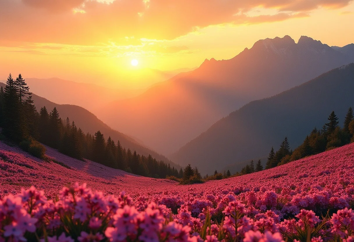 The image is a beautiful landscape of a mountain range with a field of pink flowers in the foreground. The sky is painted with a warm orange and yellow hue, indicating that it is either sunrise or sunset. The sun is setting in the background, casting a golden glow over the mountains. The mountains are covered in trees and shrubs, and the flowers are in full bloom, creating a stunning display of color. The overall mood of the image is peaceful and serene.