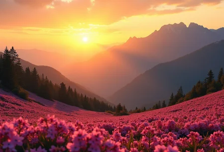 The image is a beautiful landscape of a mountain range with a field of pink flowers in the foreground. The sky is painted with a warm orange and yellow hue, indicating that it is either sunrise or sunset. The sun is setting in the background, casting a golden glow over the mountains. The mountains are covered in trees and shrubs, and the flowers are in full bloom, creating a stunning display of color. The overall mood of the image is peaceful and serene.