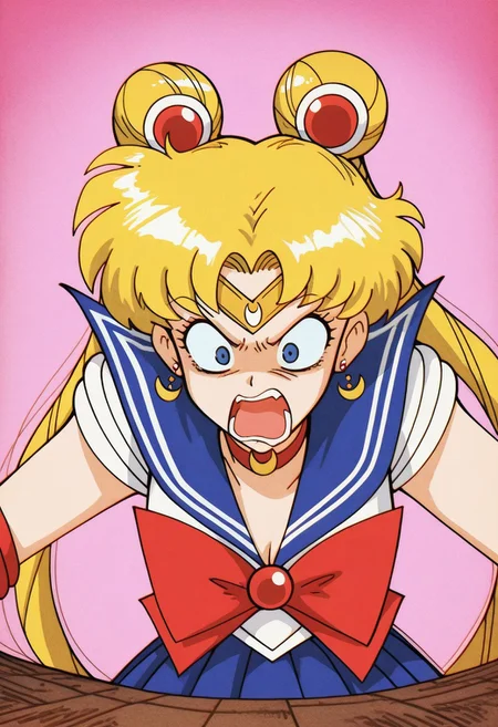 masterpiece, best quality, amazing quality, very aesthetic, noise, very awa, Astrodaimus, fisheye view, solo.
sailor moon, blonde hair, blue eyes, open mouth, aggressive, surprised, angry.
pink background