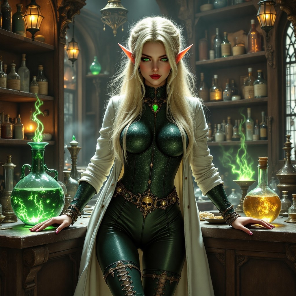 1girl, blonde hair, Bethiella, sexy face, sexy elf, big breasts, lab coat, dark picture, pale green eyes, puplils showing, messy pale blonde hair, alchemy, in a magical lab, mixing potions, she is working in a lab mixing diffrent potions, veiwed from the side, chemical reactions, green leather pants, green leather boots with straps and laces, dark, black and green sweater with long sleeves, lab coat, leather skirt, high angle, resting one hand on the table,