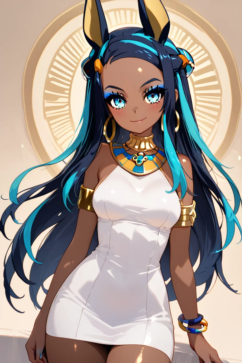 score_9, score_8_up, score_8, medium breasts, (curvy), cute, eyelashes, ,,, , aaAnuNessaCitron, blue eyes, eyeshadow, animal ears, black hair, blue hair, hair bun, long hair, multicolored hair, two-tone hair, dark skin, forehead, sidelocks, dress, bare shoulders, jewelry, earrings, white dress, armlet, hoop earrings, bracelet, <lora:AnubisNessaPDXL:1.0>, , BREAK, smile, closed mouth, looking at viewer, cowboy shot, ,,, embedding:zPDXL, Expressiveh, ,,, <lora:MantisStyle_PDXL_v2:0.8>, <lora:SDXLFaeTastic2400:0.5>, <lora:Expressive_H-000001:0.4>,