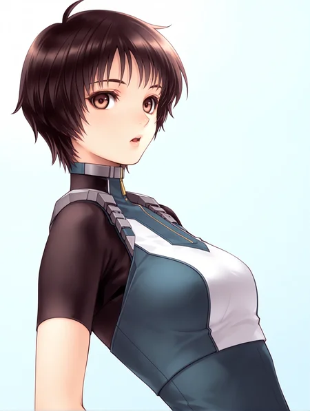 masterpiece,best quality,newest,
1girl,solo,
<lora:Aizawa_Momo_ilxl_v1.0>,momo_a,ahoge,brown hair,short hair,brown eyes,
m_suit,turtleneck,skin tight,bodysuit,crop top,short sleeves,fingerless gloves,leotard,
<lora:Fixhands_anime_bdsqlsz_V1:1>,white background,looking at viewer,simple background,face_focus,upper_body,looking_at_viewer,:o,profile,dynamic_angle,cinematic_angle,dutch angle,