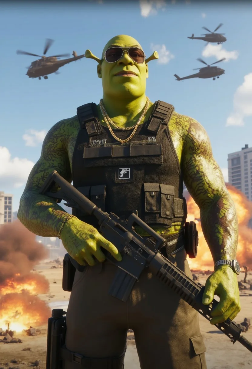 The criminal Shrek on the GTA 6 poster. Shrek is standing with a machine gun in a bulletproof vest, with tatoo on his body and gold chains on his neck. Background with explosions, swat police, helicopters. , aidmagta6