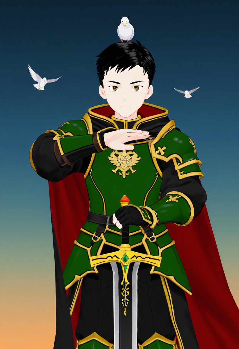 harmard, black hair, short hair, brown eyes, 1boy, solo, solo focus, young, youthful, he is dressed in a suit of dark iron platemail. Break. his right hand is holding up a black coloured sword, Properly holding the sword by the hilt, right hand up, brandishing a sword, his armour bears a crest of a yellow dove. fantasy armour. stylized silver dove emblems and symbols on armour and sheild. Break. epic background is a a beautiful palace. a strong wind is blowing his cape, green coloured armour, ready to fight pose, dawn sky in the background