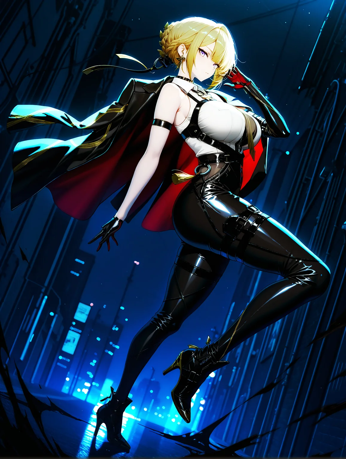 masterpiece, very aesthetic, best quality, hiper-detailed, solo, intricate details, rich colors, dark, darkness, night, wide hips, thick thighs, fit body, imtdevelynchevalier, 1girl, blonde hair, bangs, purple eyes, large breast, gloves, black gloves, shirt, bare shoulders, sleeveless, necktie, short hair, braid, white shirt, earrings, choker, single elbow glove, jacket, hair bun, pants, thigh strap, high heels, single hair bun, sleeveless shirt, harness, black pants, jacket on shoulders, black footwear, hair ornament, from side, dynamic angle, wallpaper, cover, fashion pose, dreamlike landscape, tsurime, looking at viewer, full body