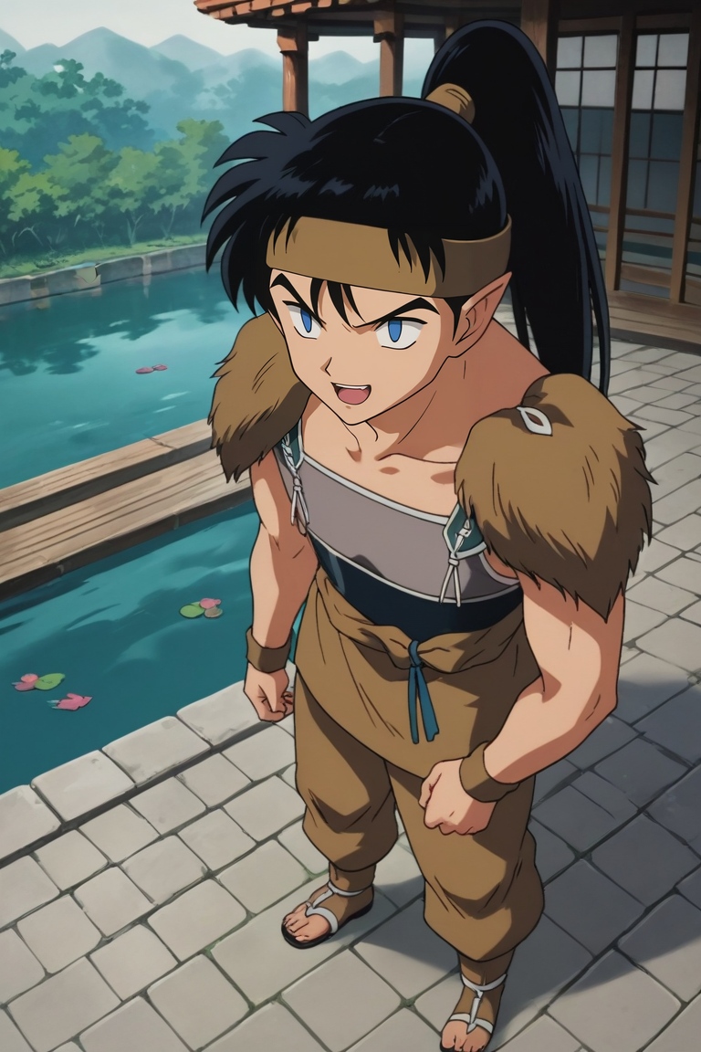 score_9, score_8_up, score_7_up, source_anime, rating_safe, intricate details, semi-realistic, , depth of field, 1boy, solo, male focus, <lora:kouga_inuyasha_pony:0.84>, kouga_inuyasha, black hair, blue eyes, long hair, ponytail, pointy ears, headband, , from above, full body, pond, arch, japanese architecture, indoors, dark, holding object, laughing, zombie hunter costume, <lora:sdxl_lightning_8step_lora:1>