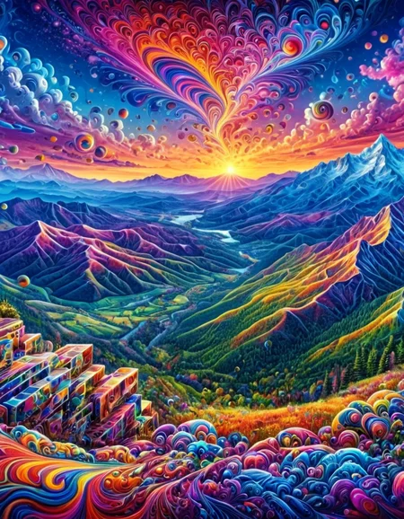 Masterpiece psychedelicv2lora, colorful, scenery, panorama, mountain overlook . Exquisite detail, flawless composition, high-resolution, stunning quality