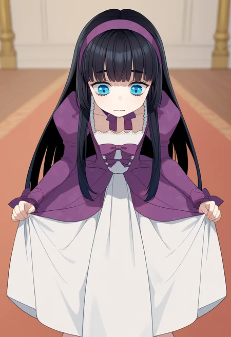 score_9, score_8_up, score_7_up, source_anime, ,
BREAK
1girl, solo,
<lora:shiAbiDaughtV1:1>,
shiabidaupurp, vnstyle,
black hair, blue eyes, long hair, purple hairband, blunt bangs, hime cut,
white dress, purple bow, purple choker, ribbon choker, puffy sleeves, long sleeves, on one knee,
looking down, leaning forward, skirt hold,
