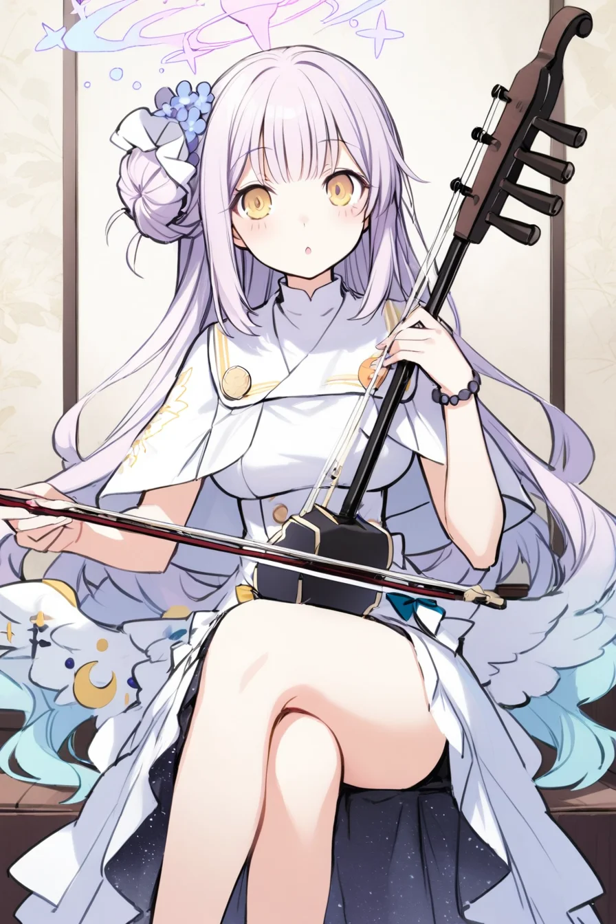 1girl,tsunako, totoki86,
mika \(blue archive\), sitting,crossed legs,playing instrument, erhu <lora:erhuSY2:1>