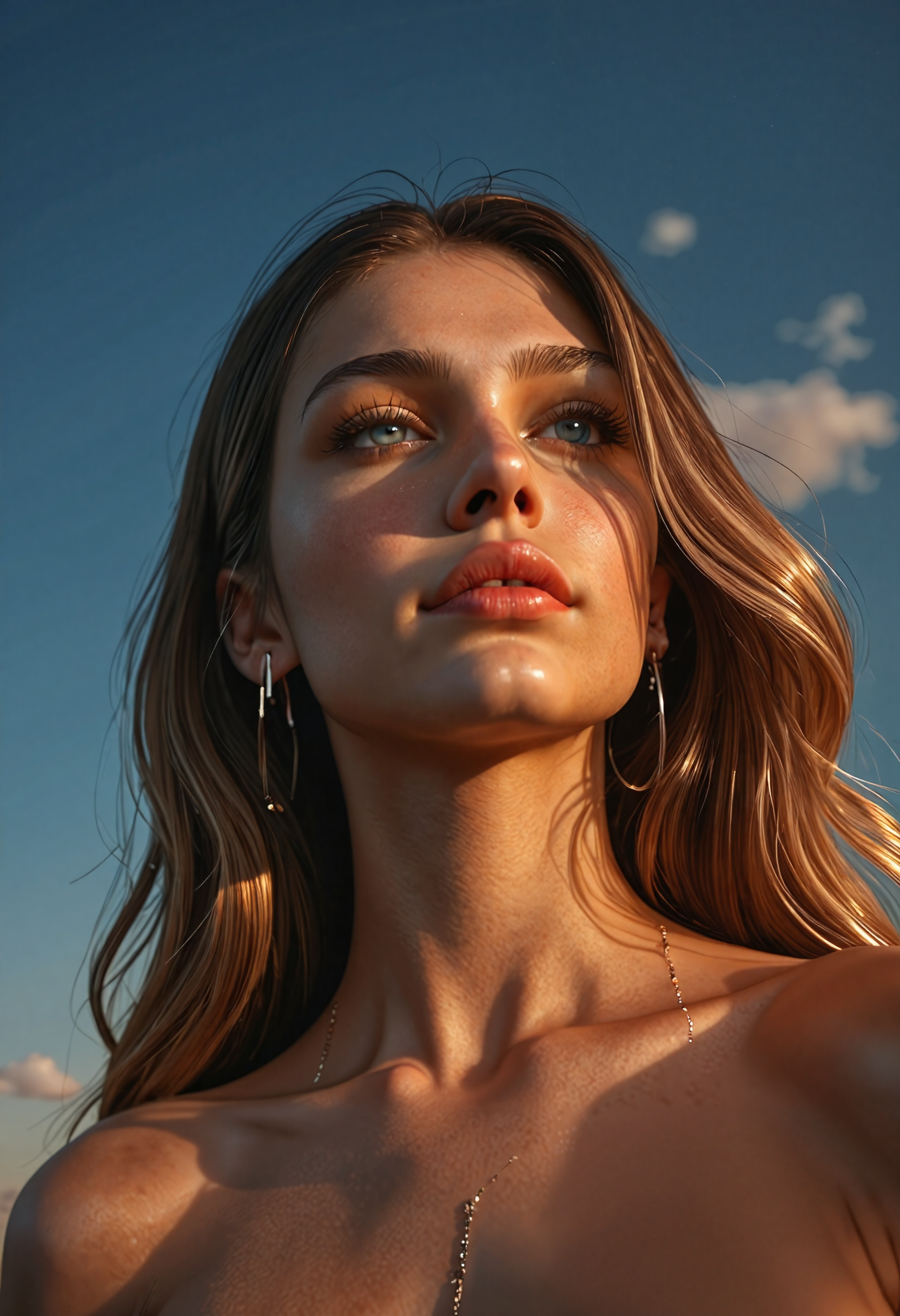 A stunning portrait of a woman with long hair and beautiful eyes. The camera is positioned low to the ground, looking up at the subject from directly below. Double exposure technique creates a dreamlike effect, where the woman's face blends into a shimmering midnight sky. Harsh, golden light casts long shadows across the scene, emphasizing the woman's curves.