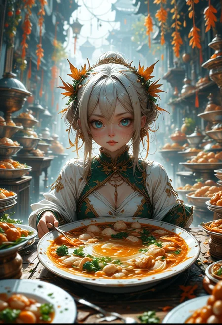 Nine savory dishes, one soup, ten whole dishes, ten beautiful dishes. Such a lavish banquet, not to mention in this small Dong Huong district, even if it was set up in more prosperous towns, it wouldn't be embarrassing. The young girl finished serving the food, looked at the delicacies all over the table, and a tear suddenly fell from the corner of her eye. perfect anatomy, approaching perfection, dynamic, highly detailed, smooth, sharp focus, art by Carne Griffiths and Wadim Kashin, trending on artstation, sharp focus, intricate details, highly detailed, by greg rutkowski, mysterious, epic, cinematic, digital art, 4k,, <lora:add-detail-xl:1>  <lora:MJ52:0.6>, (masterpiece:1.2), (best quality:1.2), (very aesthetic:1.2), (absurdres:1.2), (detailed background),newest,ai-generated,