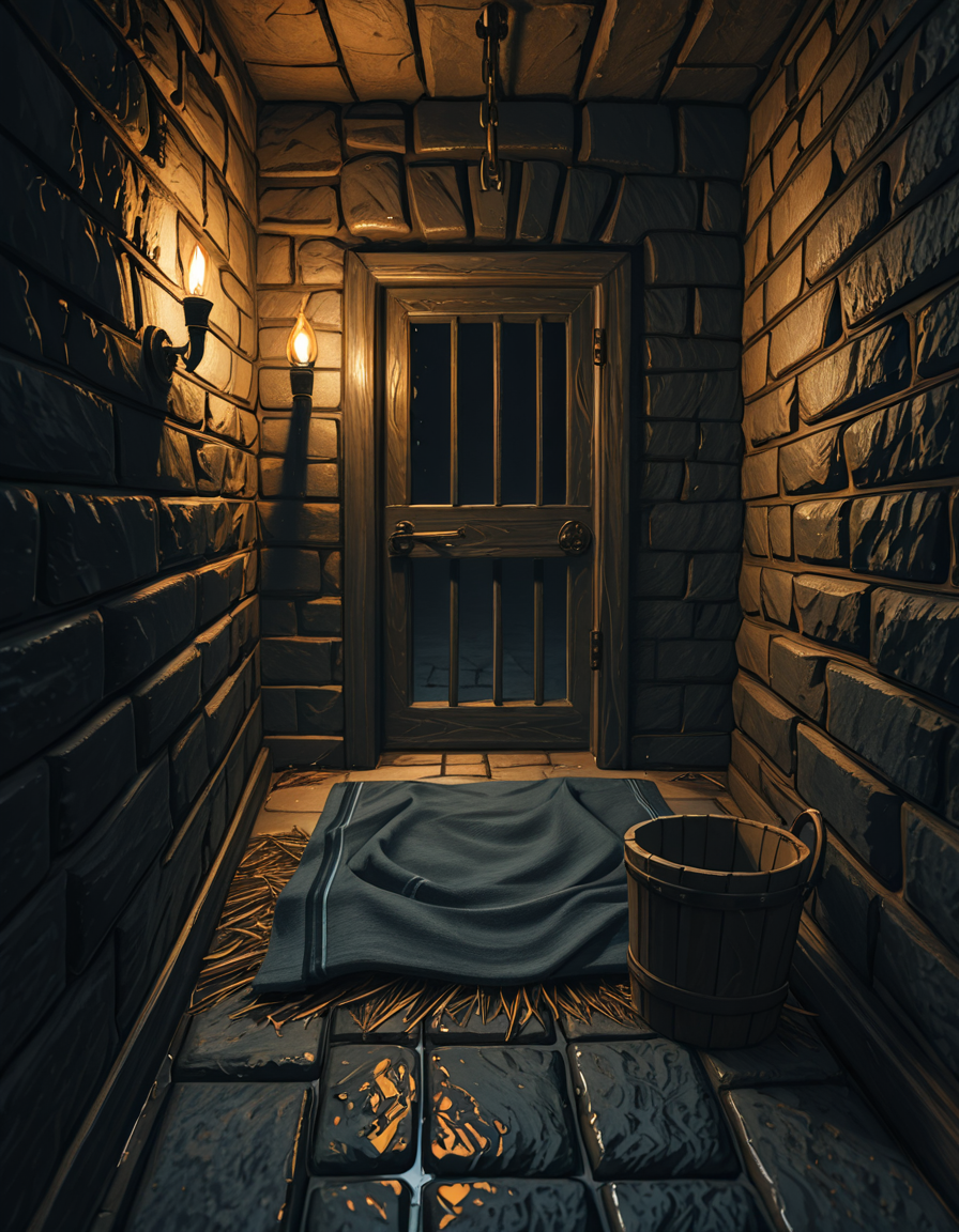A hyper-realistic photo of a dark medieval dungeon cell inspired by Skyrim, with cold, damp stone walls covered in patches of moss and cracks. The floor is made of uneven cobblestones, partially wet with small puddles reflecting dim torchlight. An old, rusted iron-barred door is slightly ajar, casting long shadows on the ground. In the corner, a pile of straw serves as a makeshift bed, with a thin, tattered blanket thrown over it. Chains and shackles hang from the walls, showing signs of centuries of use. A small wooden bucket sits beside the bed, used as a primitive toilet. The atmosphere is heavy and oppressive, filled with a faint mist in the air. The only source of light comes from a single flickering torch mounted on the wall outside the cell, creating dramatic, warm orange glows contrasting with deep, cold shadows. The photo is taken from a slightly low angle, as if from the perspective of someone crouched on the floor inside the cell, adding a sense of claustrophobia and confinement. Ultra-realistic textures, high detail, cinematic lighting, 4K quality.
<lora:SDXLFaeTastic2400:0.4> <lora:extremely_detailed:0.4> extremely detailed,,dungeon c3ll <lora:dungeon_c3ll-i:1>, Masterpiece,best quality,hi res,8k,hi res,8k,award winning,(sharp focus, intricate, highly detailed),